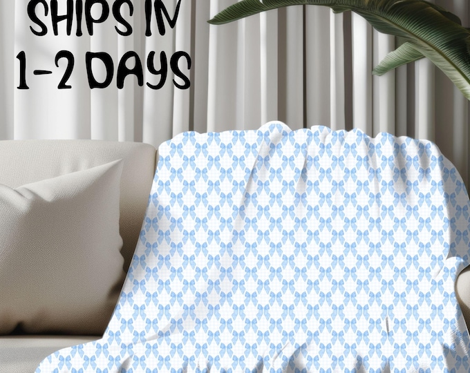 Coquette Blue BowTwo-Sided Print Velveteen Blanket, Coquette Blue Bows Soft Throw, Gift for New Mom Blanket, Baby Shower Gift