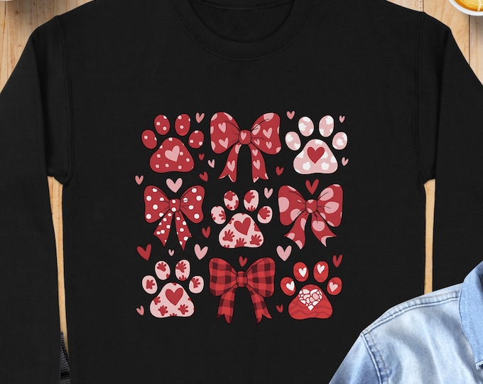 Coquette Pet Paw Prints and Bows Sweatshirt, Adorable Dog and Cat Lover Gift, Cozy Casual Wear, Animal Themed Apparel