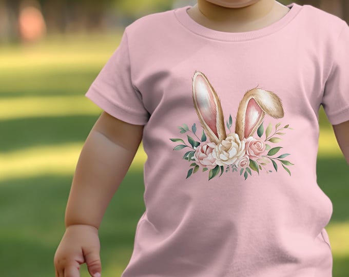 Cute Bunny Ears Floral T Shirt, Charming Bunny Rabbit Ears with Flowers Graphic Tee, Easter Themed Cute Animal Shirt, Spring Fashion