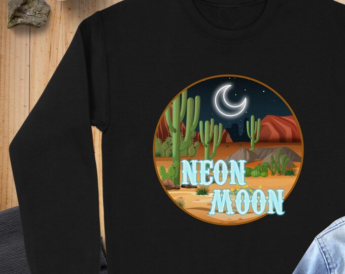 Desert Moonlight Sweatshirt, Neon Moon Design, Casual Cozier Wear, Southwestern Desert Scene, Graphic Unisex Sweatshirt, Cactus Art