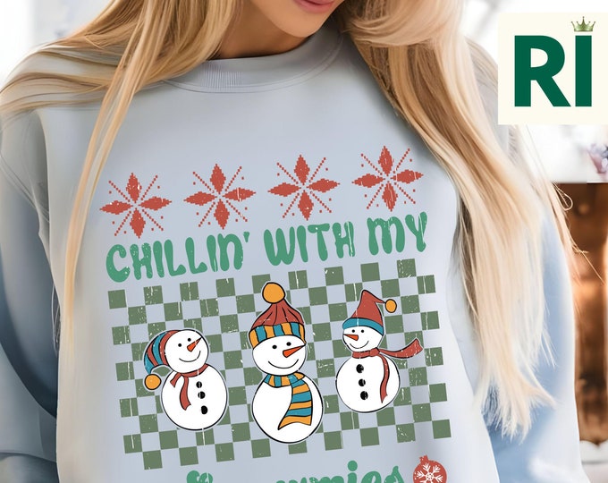 Chillin With my Snowmies, Trendy Retro Vintage Christmas Apparel -Unique Festive Designs, Groovy Snowman Shirts, Vintage Christmas Apparel