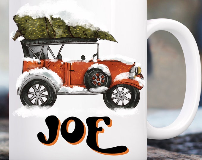 Personalized Christmas Vintage Car Old Fashioned Car Gift Mug, Custom Name Cute Antique Car Coffee Mug, Personalized Christmas Mug