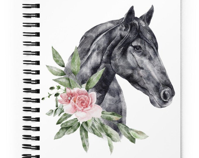 Horse Notebook, Black&White Horse Floral Design, 100 Page Spiral Notebook, Horse art, Floral Horse Design,  Horse Lovers Gift