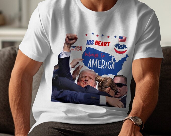Trump His Heart Belongs to America T-Shirt, Trump 2024 Election Shirt, Patriotic USA Map Tee, Love America Graphic Tee