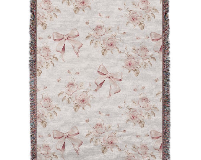 Coquette Bows & Pink Rose Blankets, Floral Blankets, Shabby Chic Blankets, Cottagecore Blankets, Bow Blankets,Girl Blankets, Floral Blankets