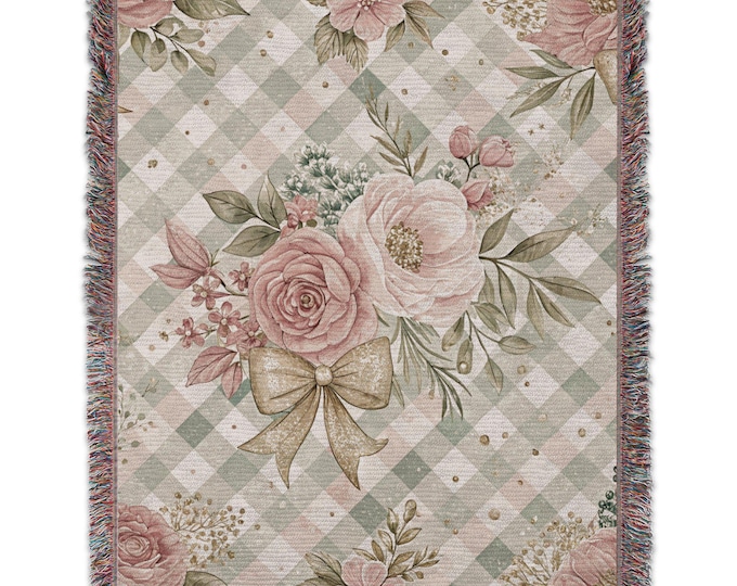 Woven Floral Plaid Blanket, Pink and Blue Checkered Throw, Vintage Flower Print Blanket, Cozy Pastel Floral Bedding, Cottagecore Decor