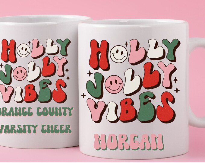 Personalized Christmas Retro Gift Mug, Custom Name Cute Holly Jolly Vibes Coffee Mug, Personalized Christmas Mug Team gift