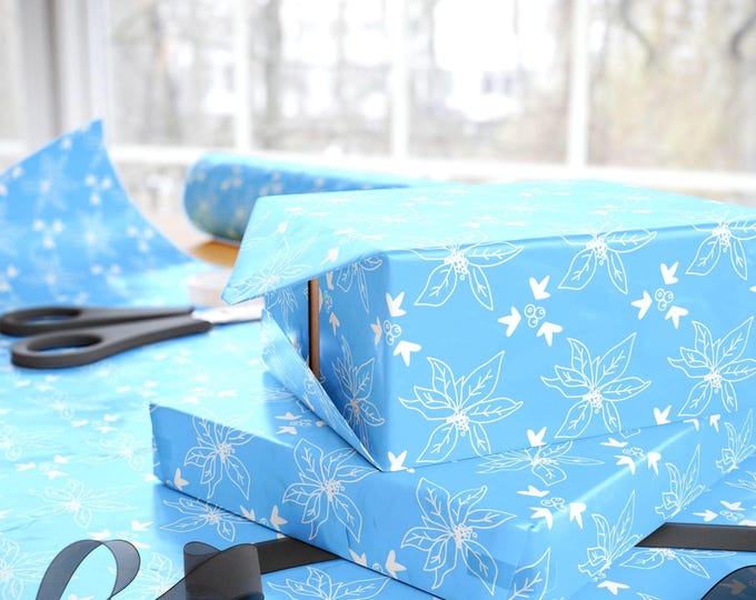Botany Blue Floral Christmas Wrapping Paper:{Gift Wrap, Birthday, Holiday, Christmas}Custom Gift Wrap, Blue Floral Holiday Paper