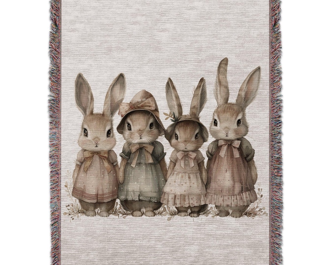 Cute Bunny Family Woven Blanket, Bunny Wall Decor, Nursery Bedding Baby Shower Gift Bunny Themed Blanket Cozy Animal Print Throw