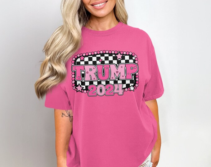 Trump 2024 Graphic T-Shirt, Pink and Black Retro Design, Trendy Statement Tee, Election Year Apparel for Supporters