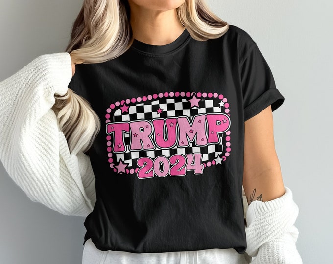 Trump 2024 Graphic T-Shirt, Pink and Black Retro Design, Trendy Statement Tee, Election Year Apparel for Supporters
