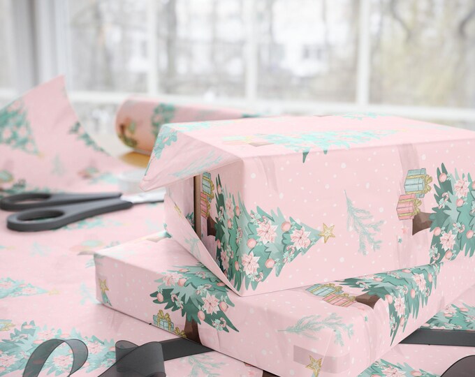 Pink Christmas Tree Wrapping Paper,  Christmas Tree Gift Wrap, Pink Paper with Christmas  Trees, Custom Holiday Gift Wrap, Vintage Chistmas
