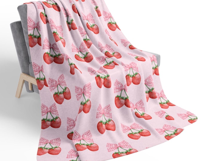 Coquette Strawberry & Pink Gingham Plaid Bow Sherpa Blanket Grand Millennial Aesthetic, Cozy Feminine Throw Gift