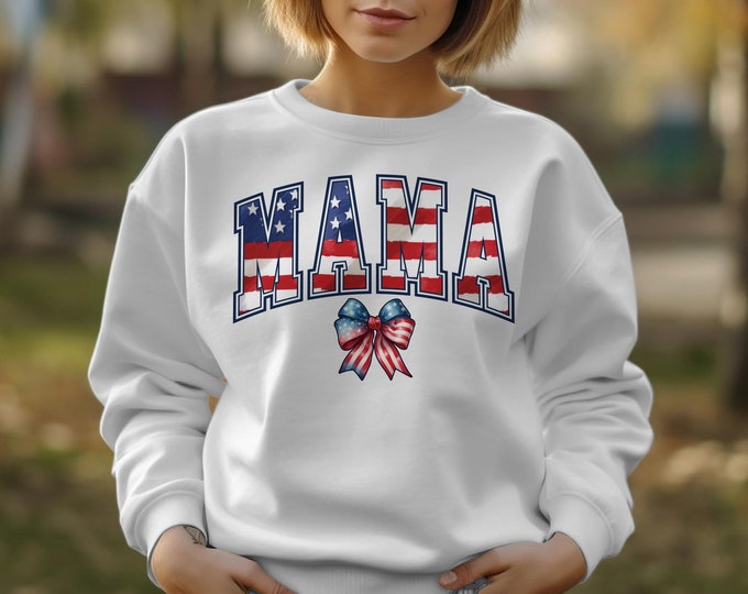 Coquette Patriotic Mama T-Shirt with American Flag Design, Patriotic Star Stripe Bow Mama shirt, USA Pride Tee for Women, gift for Mama