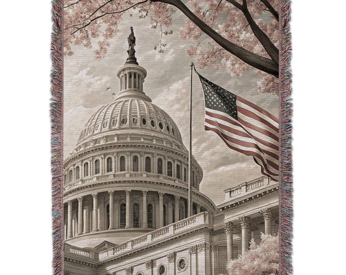 US Capitol Blanket, American Flag Blanket, Spring Blossom Blanket, Patriotic Throw Blanket, USA Building Blanket, Floral Blanket, Gifts