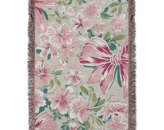 Coquette Pink Bow Woven Blanket Coquette Woven Home Decor, Nursery Decor  Couch Blanket, Baby Gift Idea, Housewarming Gift