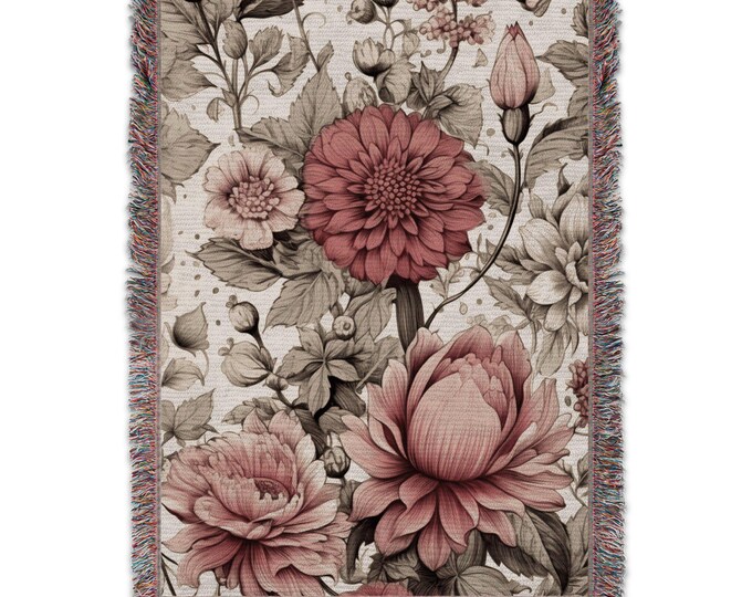 Floral Blanket with Red and White Flowers, Botanical Art Pattern, Cozy Decorative Throw, Nature Inspired Bedding, Butterfly Accents