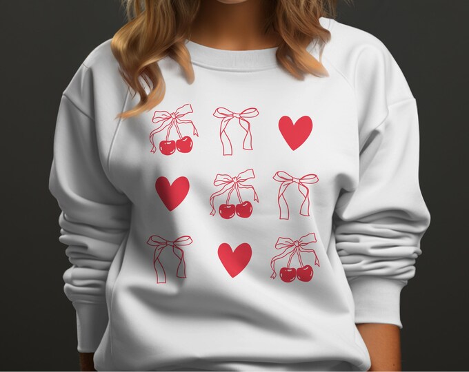 Cute Cherry Bow Sweatshirt, Heart Pattern Pullover, Retro Checkered Design, Vintage Coquette Aesthetic, Cozy Graphic Sweater