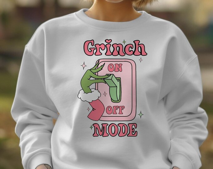 Pink Retro Grinch Mode ON Christmas Unisex Crewneck Sweatshirt - Vintage Grinch Holiday Apparel, Vintage Holiday Tees, Grinch Mode On Mug