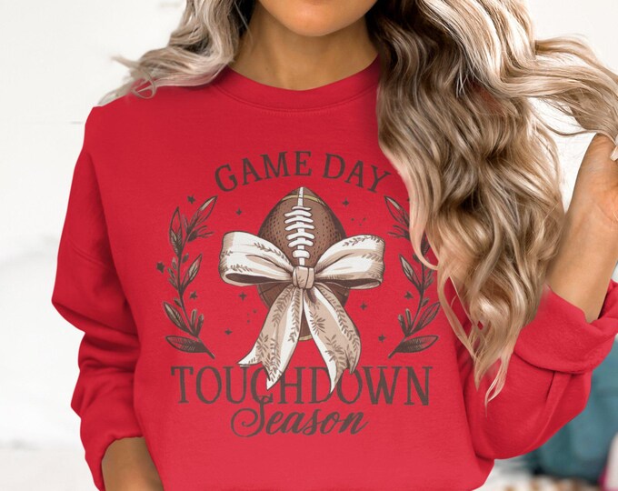 Coquette Game Day Touchdown Season Sweatshirt, Preppy Football and Bow Shirt, Football game day hoodie,  Ideal Gift for Sports Lovers