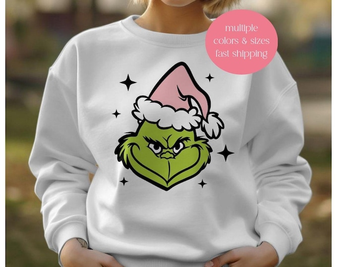 Pink Retro Grinch Christmas Unisex Sweatshirt - Vintage Grinch with Santa Hat Shirt, Matching Family Shirts, Grinch Santa Mug