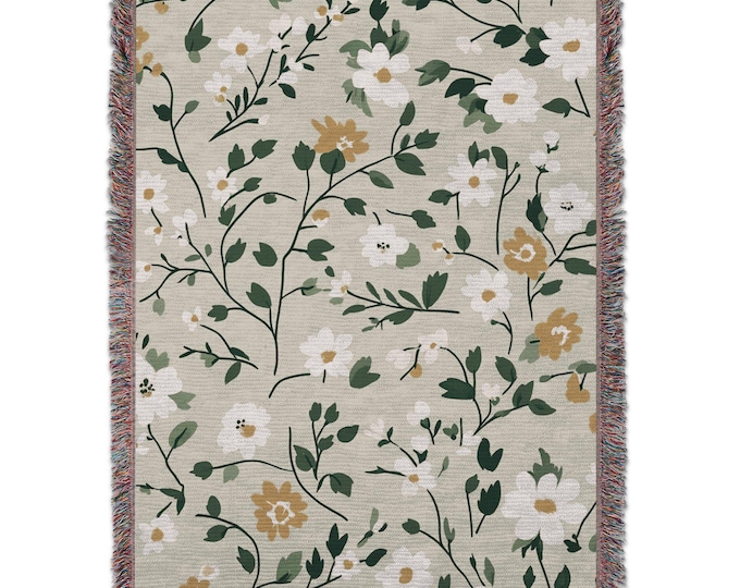 Vintage Floral Woven Blanket Cottage-core Flower Print Throw Yellow and White Blossoms Decor Spring Botanical Tapestry Housewarming Gift