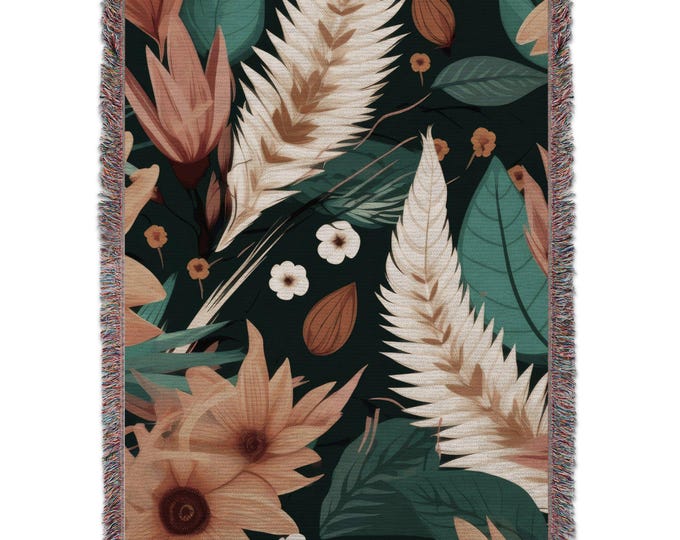 Sunflower Floral Blankets, Autumn Hues, Teal Leaves, Botanical Home Decor, Nature Inspired Blankets