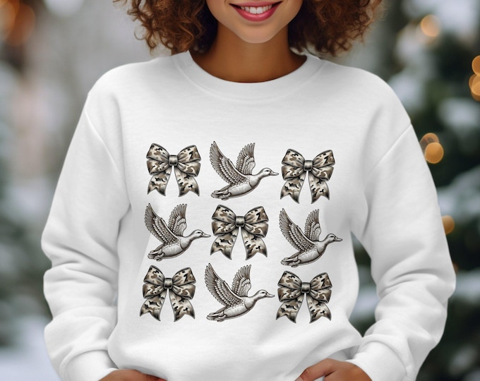 Coquette Camo Vintage Duck Print Sweatshirt, Unique Wildlife Artwork Sweater, Camo Ducks and Bows Cozy Sweatshirt, Nature Inspired Pullover