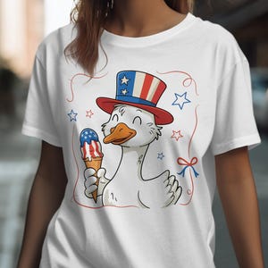 T-shirt patriottische eend, cartoon eend met ijsje, leuk shirt USA eend, Americana eend top, schattige eend 4 juli tee