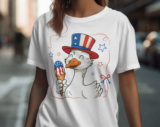 Patriotic Duck T Shirt, Cartoon Duck with Ice Cream Tee, Fun USA Duck Shirt, Americana Duck Top, Cute Duck 4th of July Tee