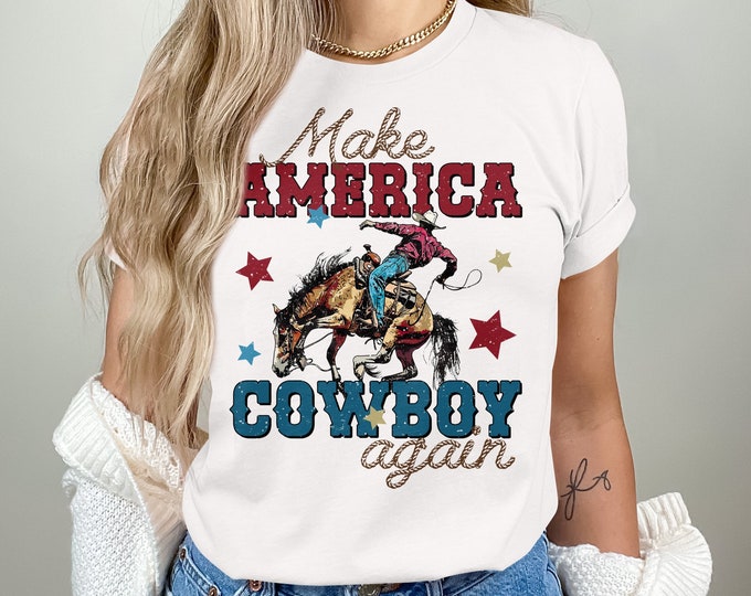 Vintage Cowboy Graphic T-Shirt, Make America Cowboy Again, Patriotic Western Tee, Distressed American Flag Design