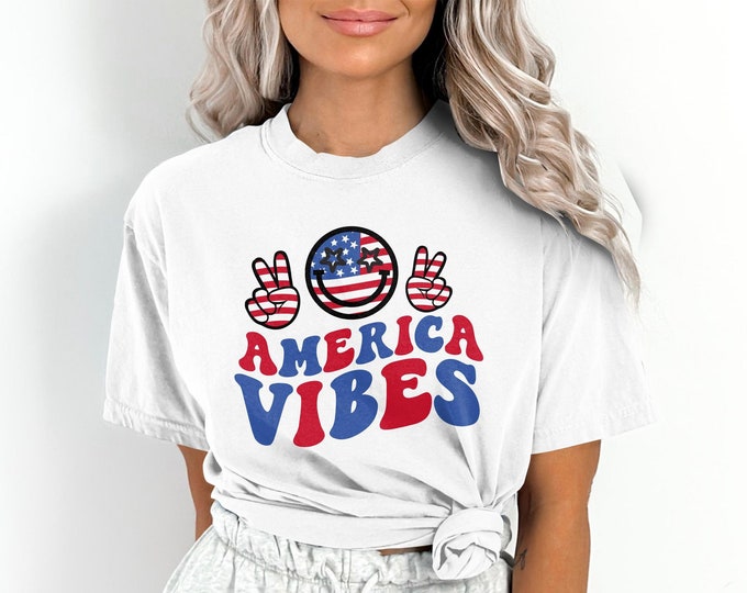 Retro July 4th Shirt, Cute American Vibes Peace Shirt for 4th of July, Patriotic Shirt Comfort Colors