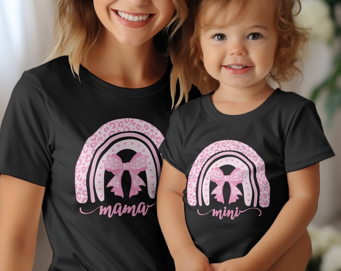 Mama Leopard Print Rainbow T-Shirt, Pink Coquette Mommy and Me Matching Tees,