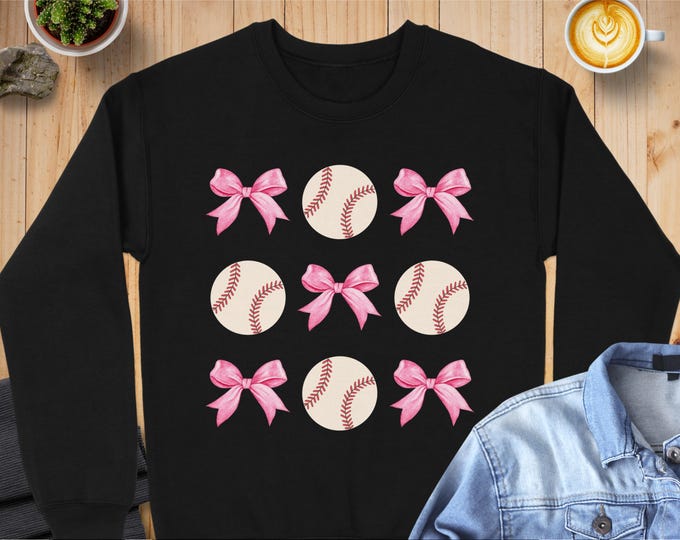 Coquette Pink Bows Baseball Sweatshirt, Baseball & Pink Bow Sweatshirt, Stylish Baseball Tee, Perfect for Baseball Fans, Preppy Baseball Tee