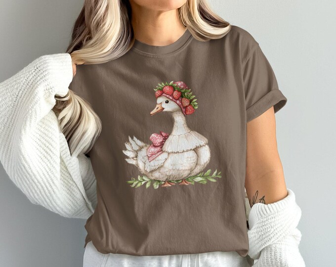Cute Duck Sweatshirt, Trendy Animal Graphic, Strawberry Hat Duck Sweatshirt, Cute Duck Illustration, Cozy Unisex Sweatshirt,