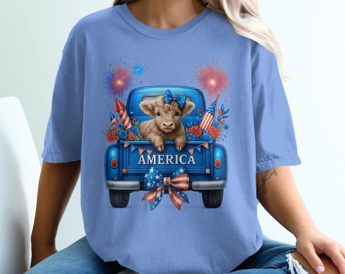 Cute Patriotic Cow T-shirt, 4th of July Fireworks Tee, American Flag Animal Shirt, USA Independence Day Top, Fun Holiday Gift Idea
