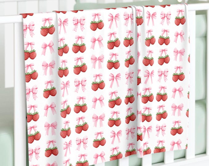 Coquette Strawberries and Pink Bows Baby Swaddle Blanket, Strawberry Swaddle Blanket, Gift for New Baby, Baby Shower Gift