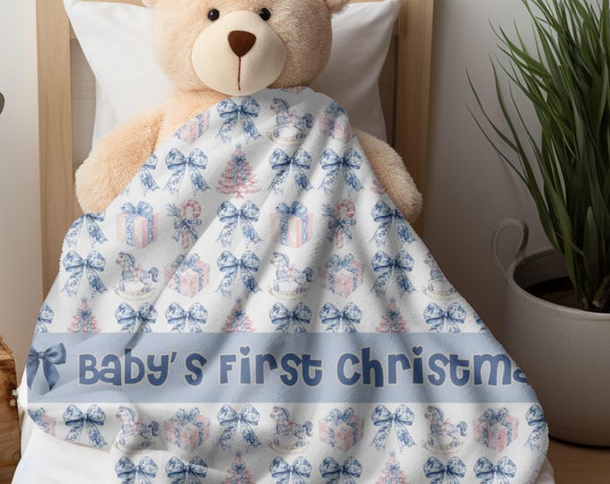 Coquette Blue Bow Babys First Christmas Blanket Holiday Keepsake New Baby Gift Newborn Nursery Decor Christmas Baby Blanket Grand Millennial