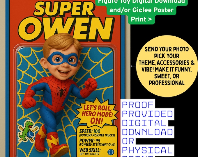 Personalized Action Figure Kids Superhero Digital Toy Art, Custom KId Superhero Poster, Toy Box Style Kids Superhero,  Trending Digital Gift