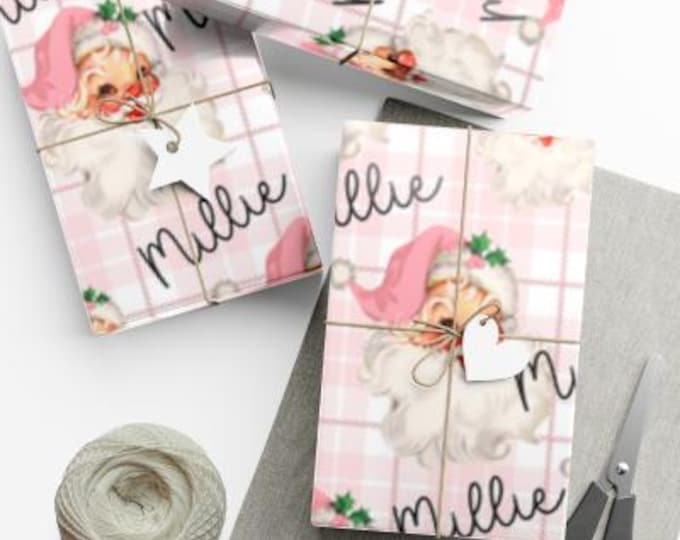 Vintage Pink Santa Custom Wrapping Paper with Name, Custom Pink Santa Wrapping Paper {Gift Wrap, Holiday, Birthday, Christmas} Retro santa