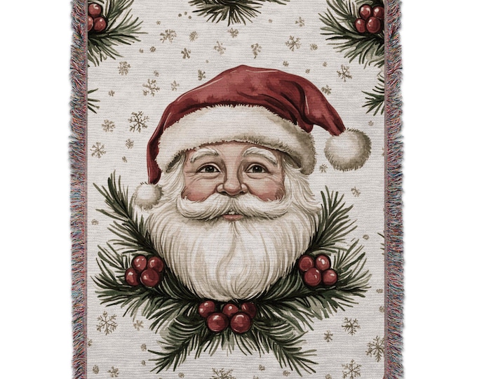 Cozy Christmas Santa Blanket, Festive Holiday Throw, Vintage Santa Pattern, Red and Green Decor, Large Soft Blanket