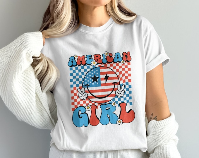 In My American Girl Era Retro Graphic Tee, Patriotic Shirt, 70s Style Typography, Trendy Festival Outfit, Vintage Look