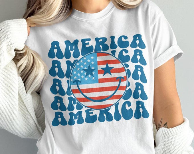 Patriotic T Shirt, America Smiley Face, 4th of July Shirt, USA Flag Tee, Patriotic Gift, American Pride Shirt, Independence Day Apparel