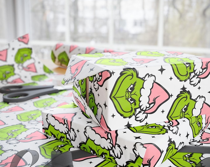 Neon Green Grinch with Pink Santa Hat Gift Wrap, Grinch Wrapping Paper, Christmas Grinch Gift Wrap, Custom Grinch Paper