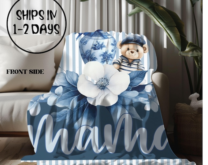 Grand Millennial Mama Blue Striped Floral Two-Sided Print Velveteen Blanket, Coquette Blue Bows Soft Throw, Gift for New Mom Blanket