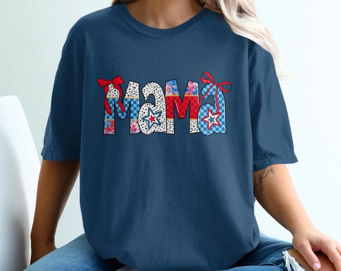 Comfort Colors Patriotic Bow Mama T-Shirt, Cute Coquette Mama Shirt, Gift For Mom, Patriotic Mama Tee,  Mama Graphic Tee, Colorful Mama Tee