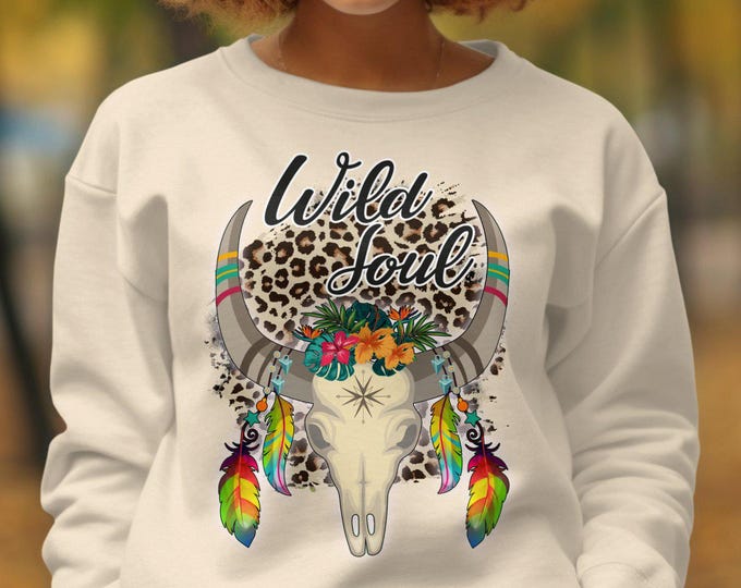 Wild Soul Sweatshirt, Bohemian Skull Design, Colorful Feathers, Leopard Print Background, Casual Cozy Top, Trendy Graphic Pullover