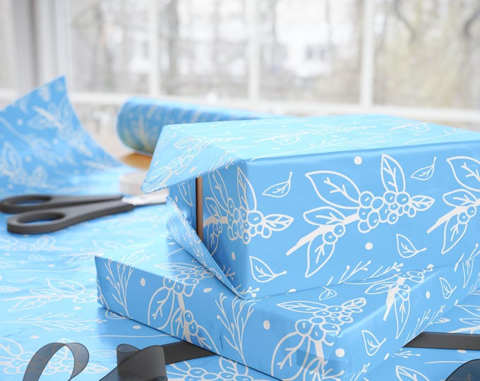 Botany Blue Christmas Wrapping Paper:{Gift Wrap, Birthday, Holiday, Christmas} Custom Gift Wrap, Blue Floral Holiday Paper
