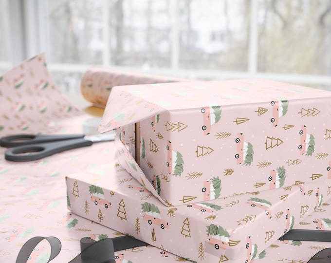 Pink Vintage Car Christmas Tree Wrapping Paper:{Gift Wrap, Birthday, Holiday, Christmas} Vintage Car Custom Gift Wrap, Retro Holiday Paper