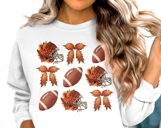 Fall Coquette Football Sweatshirt, Thanksgiving Sweatshirt, Autumn Leaves and Football Graphic, Cozy Fall Hoodie, Seasonal Sportswear Gift